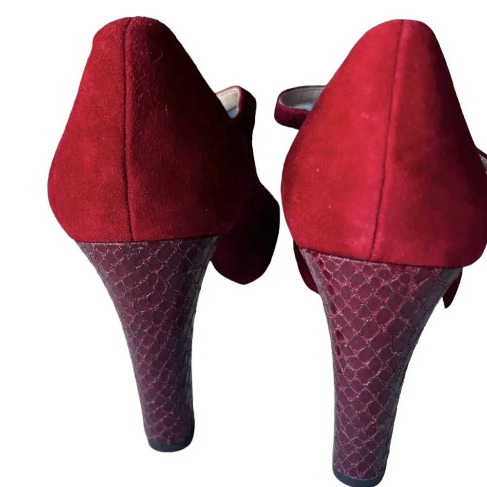 Franco Sarto Women’s Size 9.5 M Heels Maroon & Red Suede Snake Skin Peep  Toe